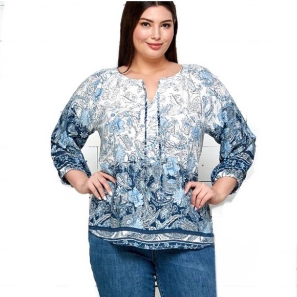 Anthropologie Fig and Flower Blue Paisley Boho Lace Back Top 2X‎ Blouse Peasant - Picture 1 of 7